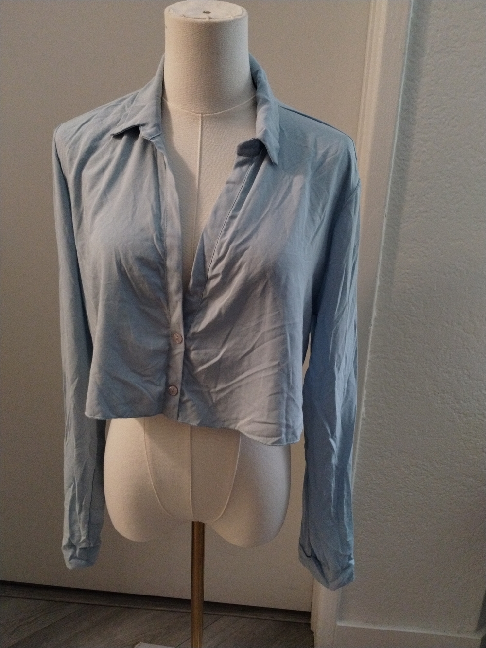 Fashion Nova Pale Blue Cropped Button-Down Shirt